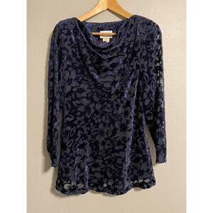 Vintage Expo Womens Tunic 10 Petite Navy Velvet Floral Cowl Neck Whimsigoth Y2K